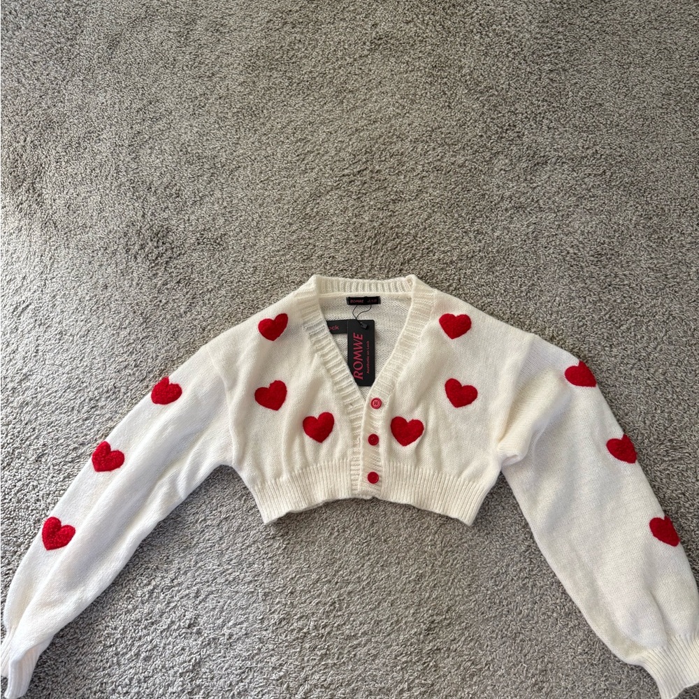 ROMWE Red and White Heart Cardigan